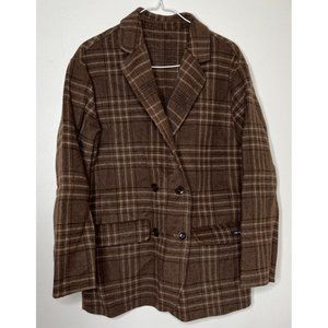100% Wool Pea Coat Jacket Plaid Brown
